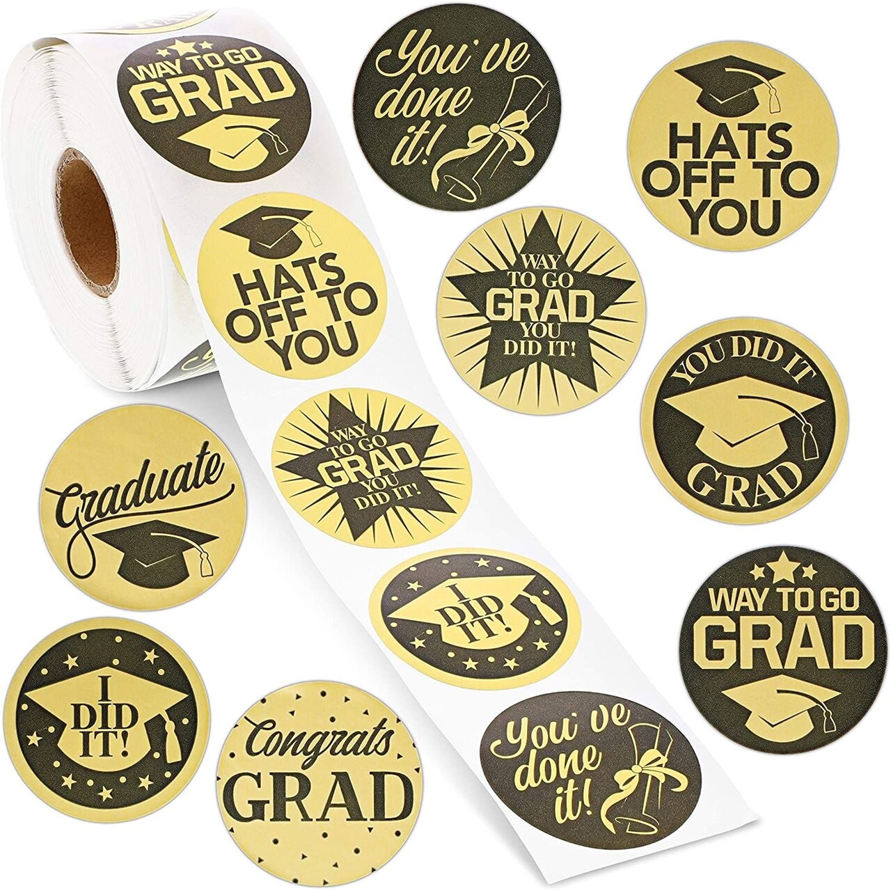 500 Pack Graduation Stickers for Envelopes, Gold Grad Cap Labels, Self Adhesive Congrats Invitation Seals, 8 Designs (1.5 Inch)